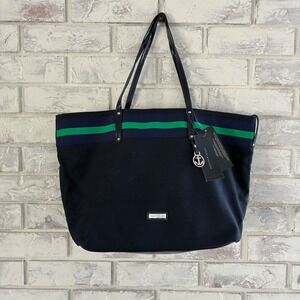 Tommy Hilfiger‎ Canvas Tote Bag Navy Green Stripe Anchor Charm 6915984 467 NEW